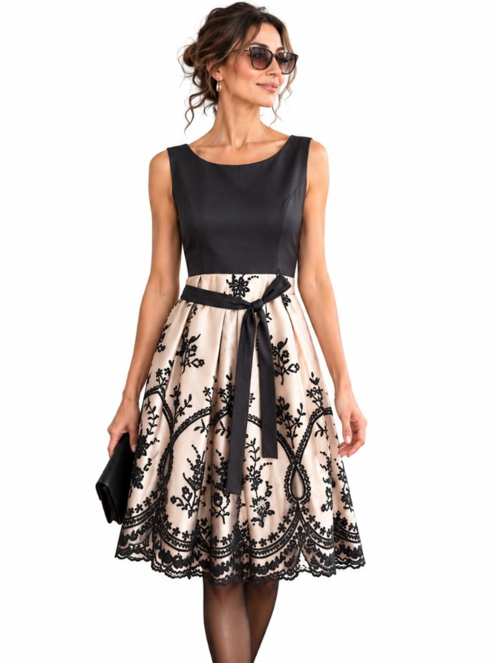 Attitude black and cream dress, with burnout velvet on sheer skirt